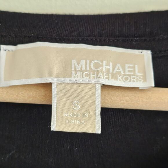 Women's Michael Kors Black Ruffle Long Sleeve Tee,  Size S. Gold Logo - Picture 4 of 7